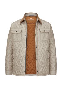 Steppjacke in Beige mit braunem Cordkragen und orangefarbener Isolierung. Verfügt über zwei Fronttaschen und einen Druckknopfverschluss.