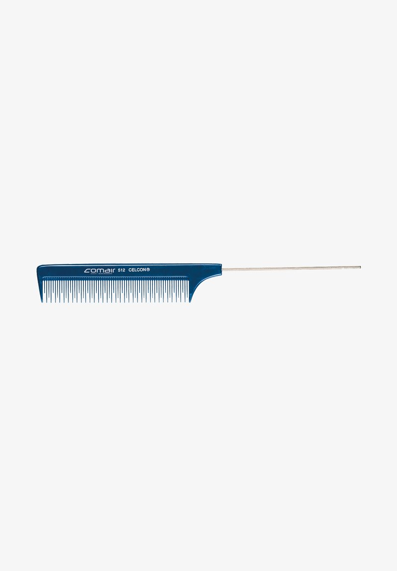 Blue plastic comb with fine and wide teeth, featuring a long, thin handle. Text on the handle reads "Comair 512 Celcon."