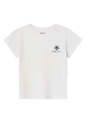 Camiseta blanca de algodón de manga corta con una pequeña estrella en blanco y negro y el logotipo de "Pepe Jeans" en el pecho.