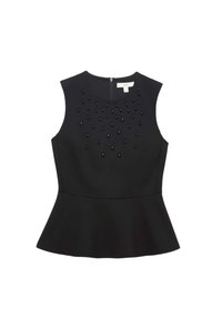 Top peplum negro hecho de una tela suave. Presenta detalles decorativos de cuentas negras en la parte delantera y un cierre con cremallera en la parte posterior. Sin mangas.