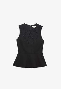 Top peplum negro hecho de una tela suave. Presenta detalles decorativos de cuentas negras en la parte delantera y un cierre con cremallera en la parte posterior. Sin mangas.