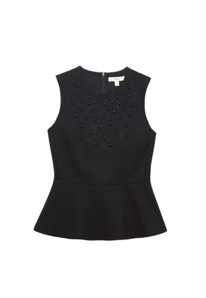 Schwarzes Peplum-Oberteil aus glattem Stoff. Verfügt über eine dekorative schwarze Perlendetail auf der Vorderseite und einen Reißverschluss hinten. Keine Ärmel.