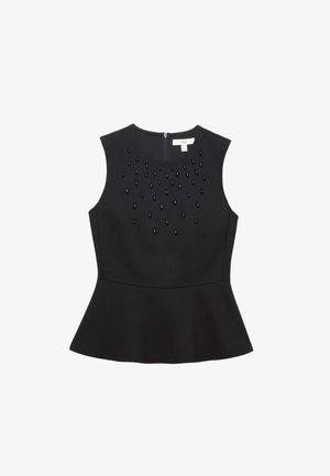 Haut peplum noir en tissu lisse. Présente des détails décoratifs en perles noires à l'avant et une fermeture éclair au dos. Sans manches.