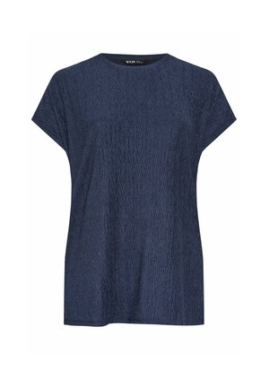 Navy blue short-sleeve t-shirt in textured fabric with a diamond pattern. Simple crew neck design, relaxed fit, and no visible hardware.