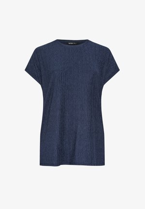 Navyblaues T-Shirt mit kurzen Ärmeln aus strukturiertem Stoff mit Rautenmuster. Einfaches Rundhalsdesign, lockere Passform und keine sichtbaren Beschläge.