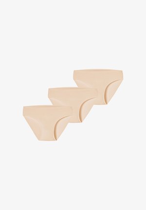 Beige puuvillaiset alushousut, kolmonen, joissa on keskimäinen vyötärö ja sileä pinta. Yksinkertainen, saumatonta rakennetta ilman näkyviä yksityiskohtia.