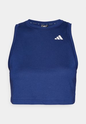 Temno modra brezrokavna športna majica s krožnim izrezom. Ima gladek material in belo Adidasovo logo na levi strani prsnega predela.