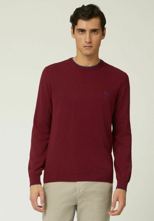 Maglione lavorato a maglia color mogano con maniche lunghe e collo rotondo, caratterizzato da un bordino blu sul collo e un piccolo logo blu sul petto.