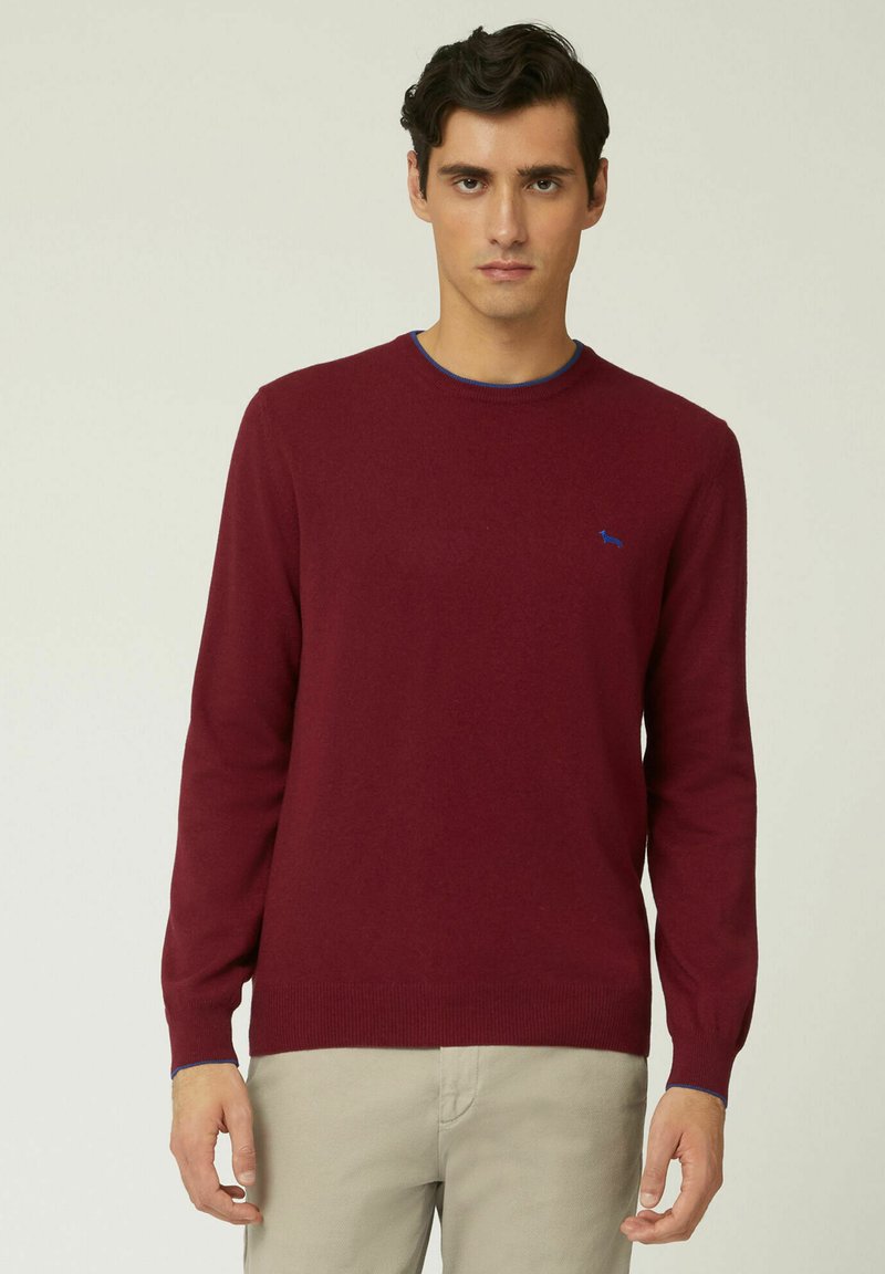 Maglione lavorato a maglia color mogano con maniche lunghe e collo rotondo, caratterizzato da un bordino blu sul collo e un piccolo logo blu sul petto.