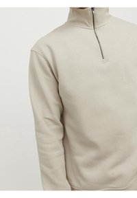 Felpa beige con zip e collo alto, realizzata in materiale morbido. Presenta una zip di lunghezza quarter e polsini a coste per un fit casual.