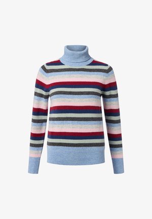 Pull à col roulé bleu clair avec des rayures horizontales rouges, navy, roses, grises et vertes, avec des poignets et un ourlet côtelés.