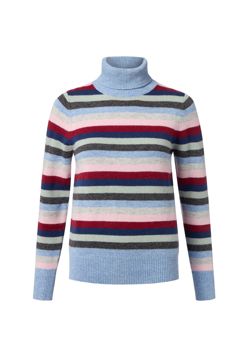 Lichtblauwe coltrui met horizontale strepen in rood, marineblauw, roze, grijs en groen, met ribgebreide manchetten en onderrand.