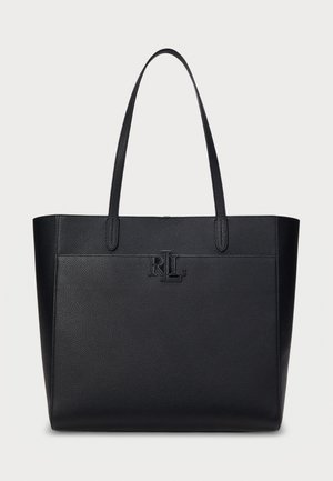 Black leather tote bag with textured surface, dual handles, and embossed "RL" logo on the front. Rectangular shape, minimalistic design.
