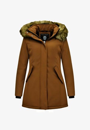 Bruine parka met nepbont aan de capuchon, ritsen en twee zijzakken. Heeft een gladde textuur en geribbelde manchetten.