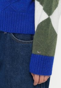 Gestickter Pullover mit blauem, weißem und grünem Rautenmuster, gerippten Bündchen und einem kleinen Logopatch. Kombiniert mit dunklen Jeans.