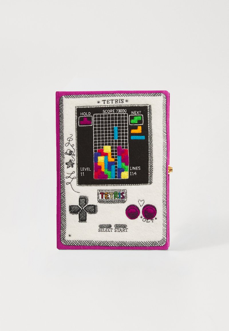 Kopertówka w stylu Tetris z teksturowanym materiałem, przedstawiająca wzór ekranu gry, w odważnych kolorach i fioletowych akcentach. Posiada przyciski sterujące oraz grafiki.