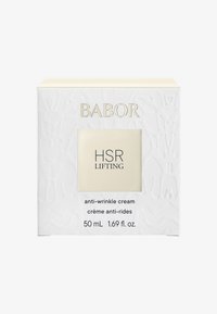 Babor HSR Lifting -ryppyjä ehkäisevä voide, 50 ml, teksturoidussa valkoisessa laatikossa, jossa on kultakirjaimet ja beige ikkuna, josta näkyy tuote sisältä.