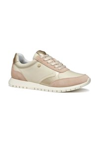 Baskets beige et rose en matériaux cuir et daim, avec des accents dorés, bout rond et semelle en caoutchouc texturé. Présentent un système de laçage.