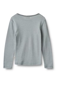 Long-sleeved top in light gray textured fabric with horizontal stripes, featuring a wide neckline and simple, clean design.