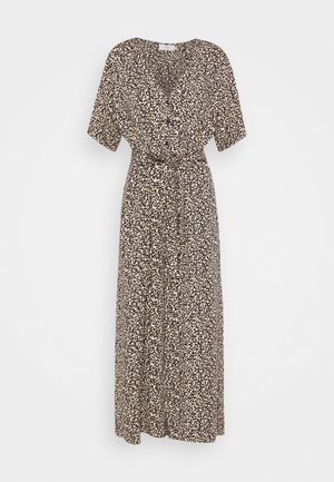 Vestido midi con manchas negras y beige, mangas cortas, escote en V, cierre de botones en la parte delantera y cinturón a juego para atar en la cintura.