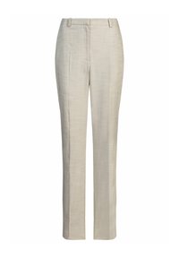 Beige tailored trousers made of a smooth textured fabric. Features a straight leg, front pleats, and a classic waistband with belt loops.