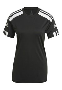 Schwarzes Sport-T-Shirt mit Kurzarm, weißen Akzentstreifen auf den Schultern und Adidas-Logo an den Ärmeln. Hergestellt aus atmungsaktivem Material.