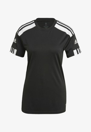 Schwarzes Sport-T-Shirt mit Kurzarm, weißen Akzentstreifen auf den Schultern und Adidas-Logo an den Ärmeln. Hergestellt aus atmungsaktivem Material.