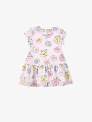 Robe rose à manches courtes avec un motif floral présentant des marguerites jaunes, bleues et roses. Jupe évasée avec un ourlet volanté, en coton doux.