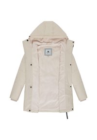 Veste rembourrée beige avec capuche, dotée d'une doublure rose pâle et d'une étiquette à l'intérieur. Fermeture à boutons-pression et à zip.