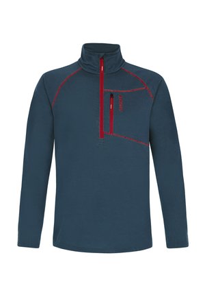 Pull-over en polaire marine avec col haut, fermeture éclair rouge et accents cousus. Il dispose d'une poche poitrine zippée et de manches longues.