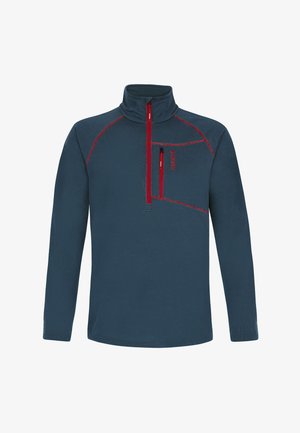 Marine fleece pullover met hoge kraag, rode rits en gestikte accenten. Heeft een ritsvak op de borst en lange mouwen.