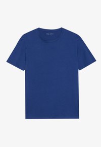 Blaues Baumwoll-T-Shirt mit Rundhalsausschnitt, kurzen Ärmeln und geradem Saum. Keine sichtbaren Muster oder Akzente, glatte Textur.