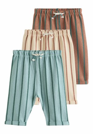 Three pairs of cotton blend shorts featuring vertical stripes in teal, cream, and brown colors. Elastic waistbands with drawstrings and rolled hems.