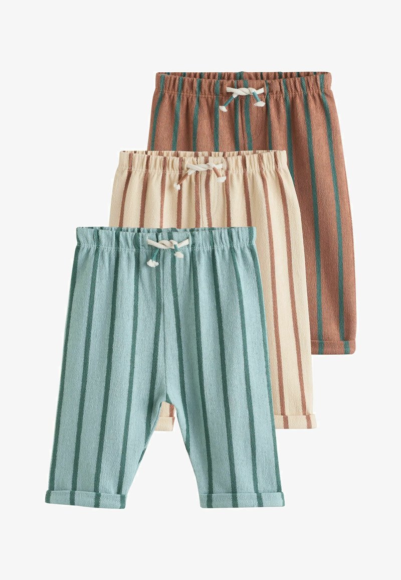 Trois paires de shorts en mélange de coton présentant des rayures verticales en turquoise, crème et marron. Tailles élastiques avec cordons de serrage et ourlets retroussés.