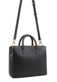 Zwarte leren handtas met een gestructureerde vorm, dubbele handvatten en een afneembare schouderband. Bevat een ritsdetailing in goudkleur.