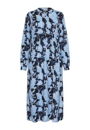 Robe midi à manches longues avec motif floral bleu et noir, devant boutonné et taille froncée.