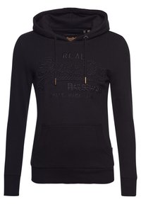 Zwarte Superdry hoodie met een voorzak, een capuchon met trekkoord en geborduurde logo-tekst, inclusief Japanse karakters op de borst.