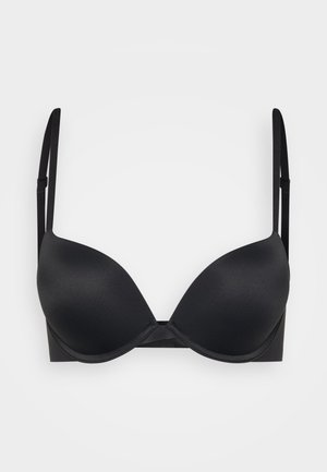 Black padded underwire bra with adjustable straps and seamless cups, featuring a smooth fabric texture and a classic T-shirt design.