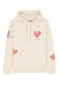 Felpa color crema realizzata in materiale morbido, con motivi a cuori rossi e testo "SWEET heart". Comprende una tasca frontale e un cappuccio regolabile.