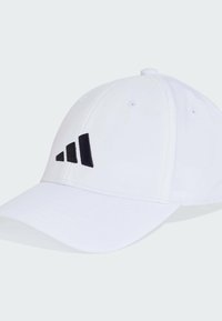White baseball cap with a curved brim, featuring a black embroidered logo of three stripes on the front. Made of smooth fabric.