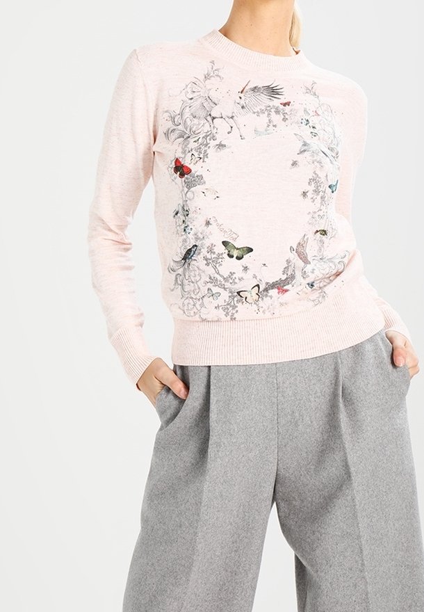 Pull rose clair avec un motif complexe de couronne mettant en scène une licorne, des oiseaux et des papillons, associé à un pantalon ample en laine grise.
