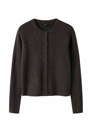 Mørkebrun cardigan med lange ærmer og knapper, rund halsudskæring, blødt tekstureret stof og lige kant.