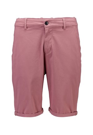 Pink cotton shorts with front button closure, single front pocket, and rolled cuffs. Smooth texture with a clean, tailored design.