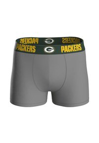 Šedé boxerky s elastickým pasem v zelené a žluté barvě. Na pasu je nápis "PACKERS" a uprostřed logo. Hladká textura.