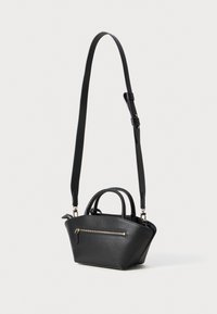 Black leather handbag with dual handles, a detachable adjustable strap, and a front zip pocket. Textured surface with gold-tone hardware accents.
