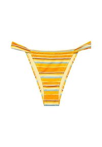 Bikini spodnji del z rumenimi črtami in horizontalnimi vzorci v oranžni, rjavi in svetlo modri barvi. Ima ozke stranske naramnice in mehak material.