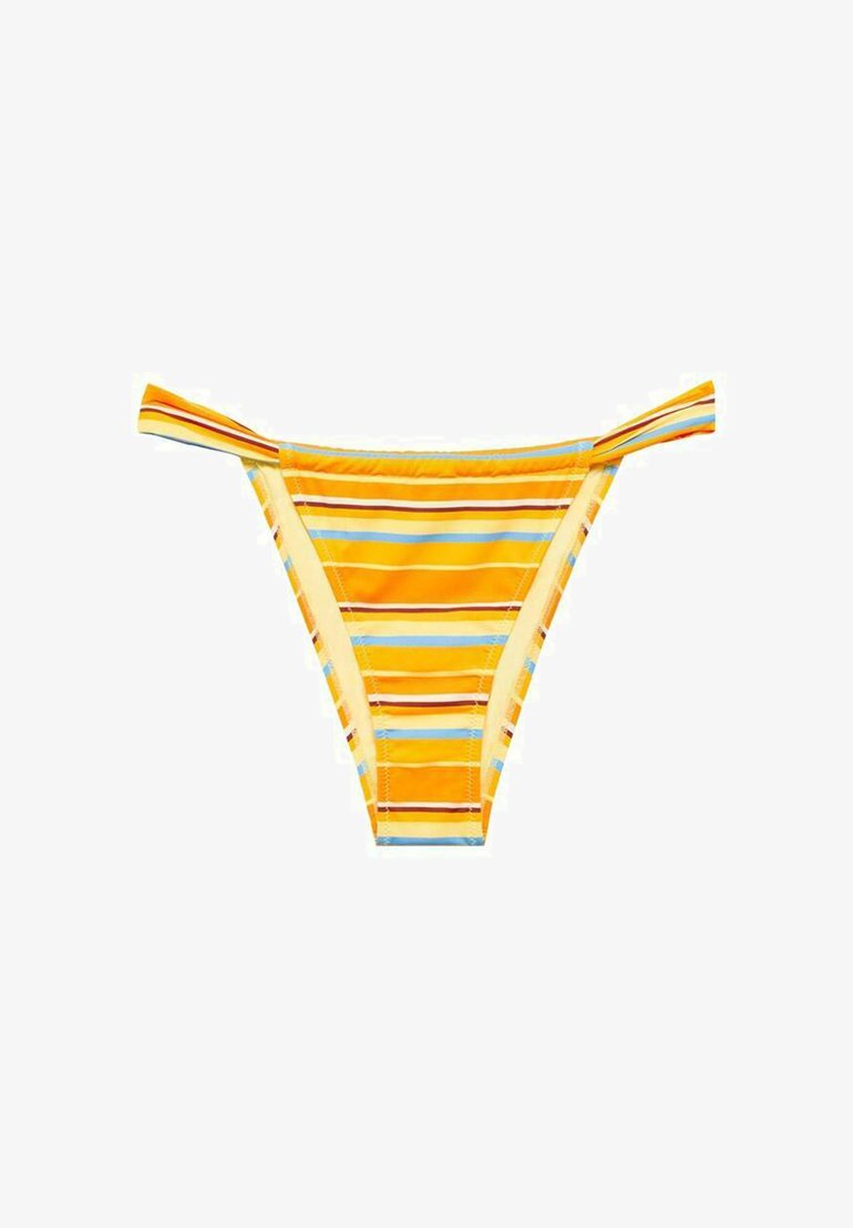Yellow striped bikini bottom with horizontal patterns in orange, brown, and light blue. Features narrow side straps and a soft texture.