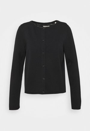 Cardigan noir à manches longues avec boutons, encolure ronde, coupe slim et design simple présenté sur fond blanc.