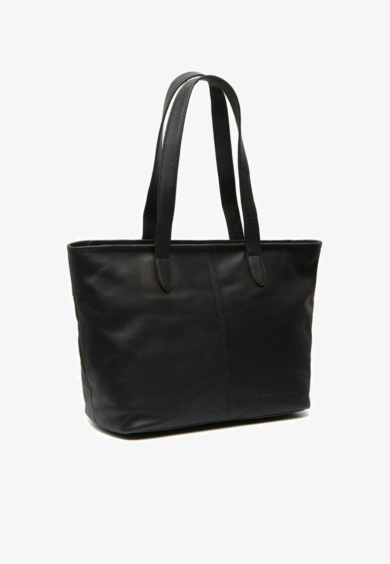 Schwarze Ledertasche mit glatter Textur, rechteckiger Form, doppelten flachen Griffen und minimaler Naht. Verfügt über ein dezentes Logo an der Seite.