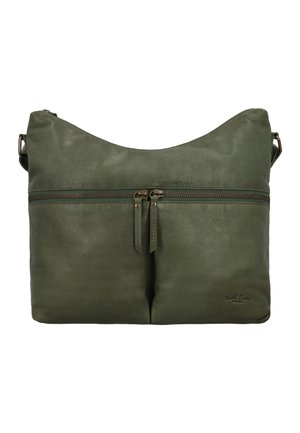 Olive green leather shoulder bag with double zipper pocket on front and adjustable strap.